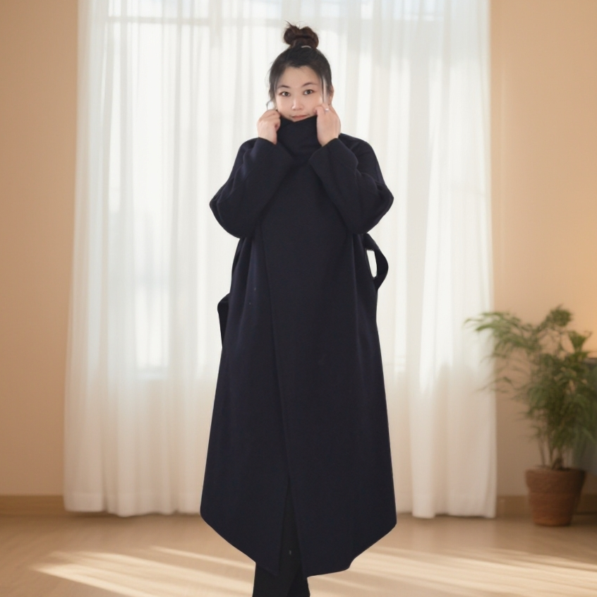 【25新款】冬季不规则领型长款纯色羊绒大衣w025