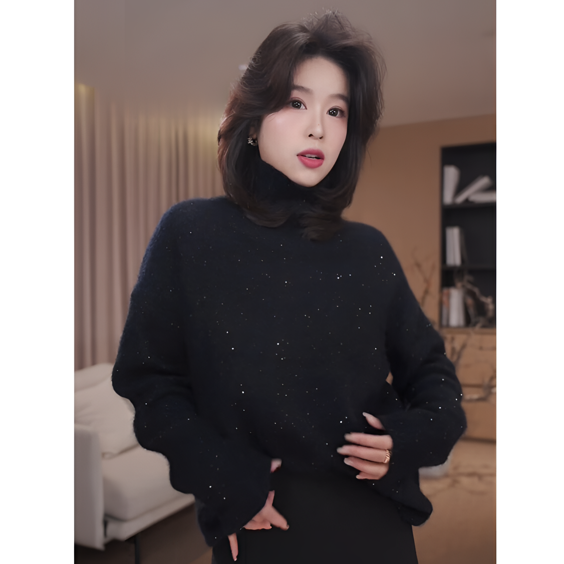 广州琴姐【星夜呢喃】绵羊毛山羊绒亮片高领打底针织毛衣女冬季 799