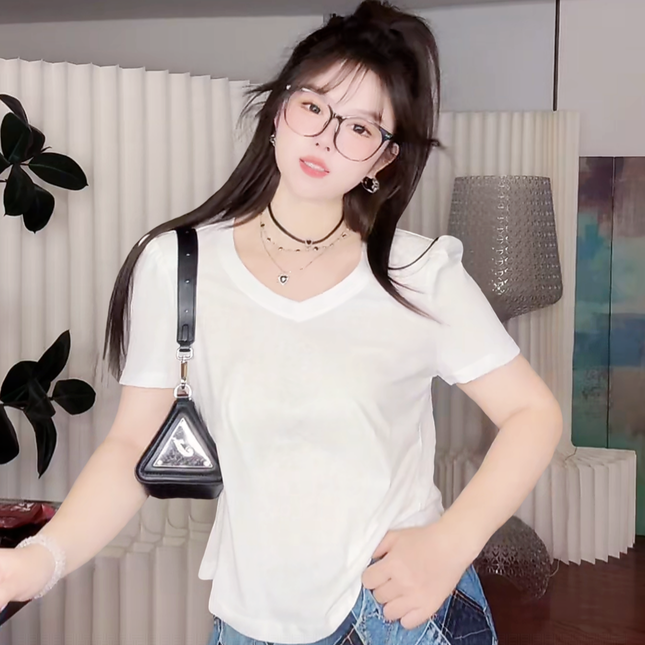 【玥烁】·韩han日记·气质百搭短袖T 亲肤透气 垫肩桃心领 微胖显瘦