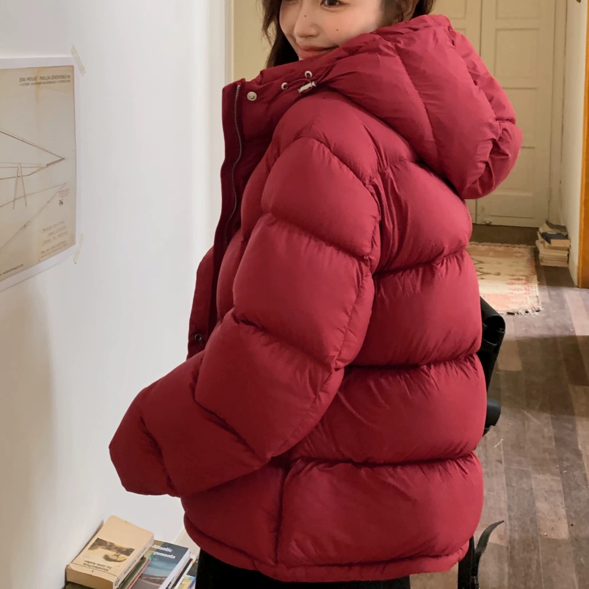 5231#冬季百搭连帽薄款时尚立领潮流保暖短外套