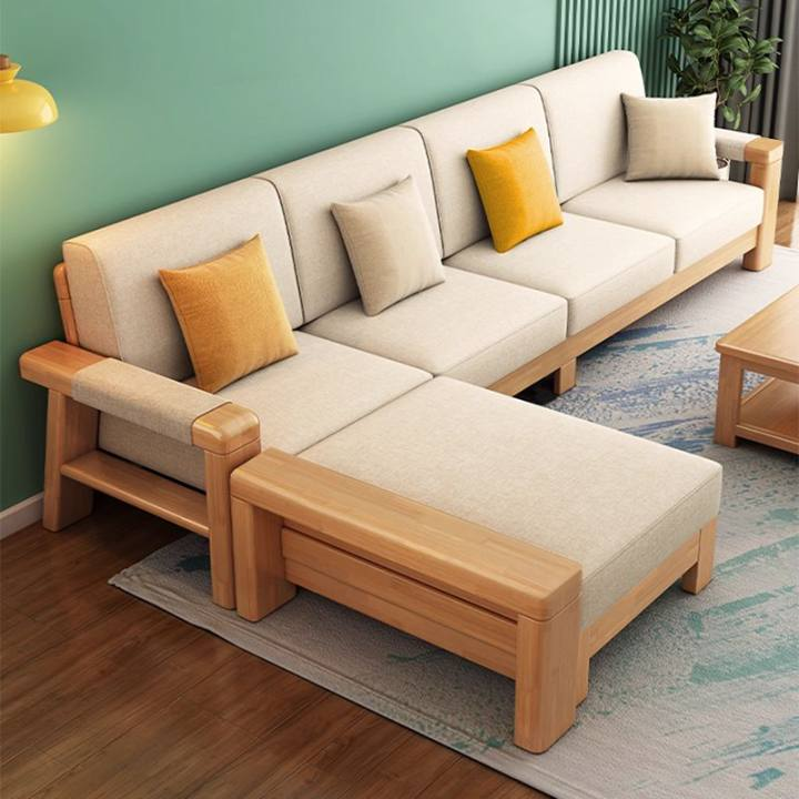 北欧实木沙发现代布艺转角L形沙发小户型家具三人位带贵妃家用