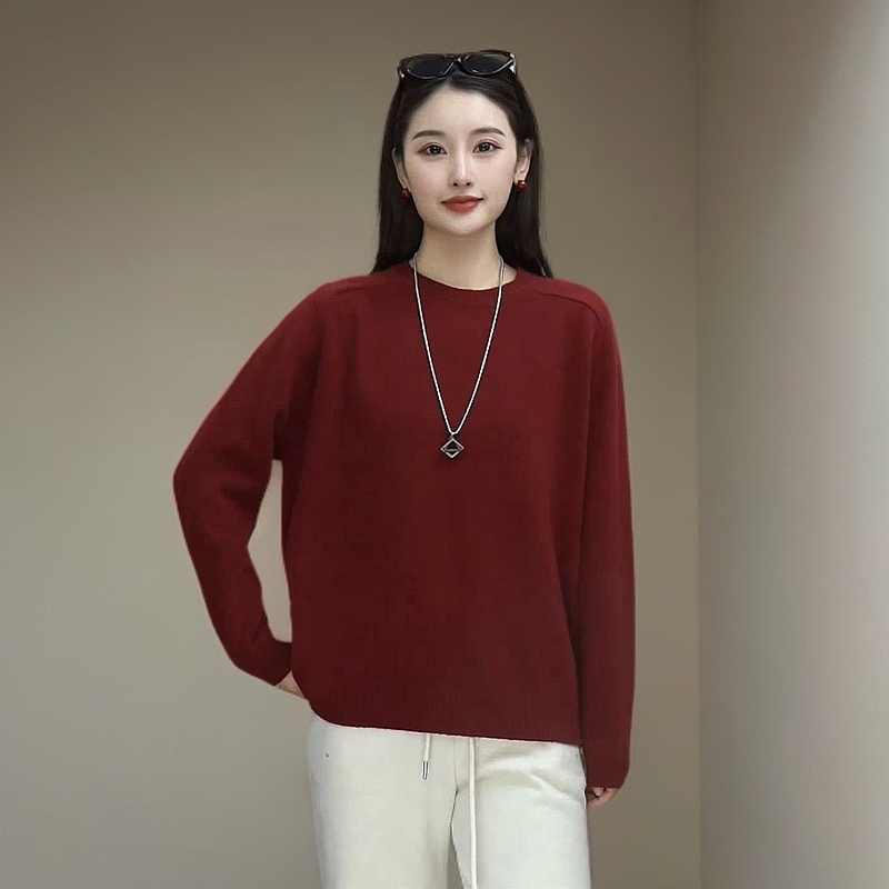 VillROSA 冬款羊毛羊绒混纺女装宽松休闲纯色韩版圆领套头羊毛衫