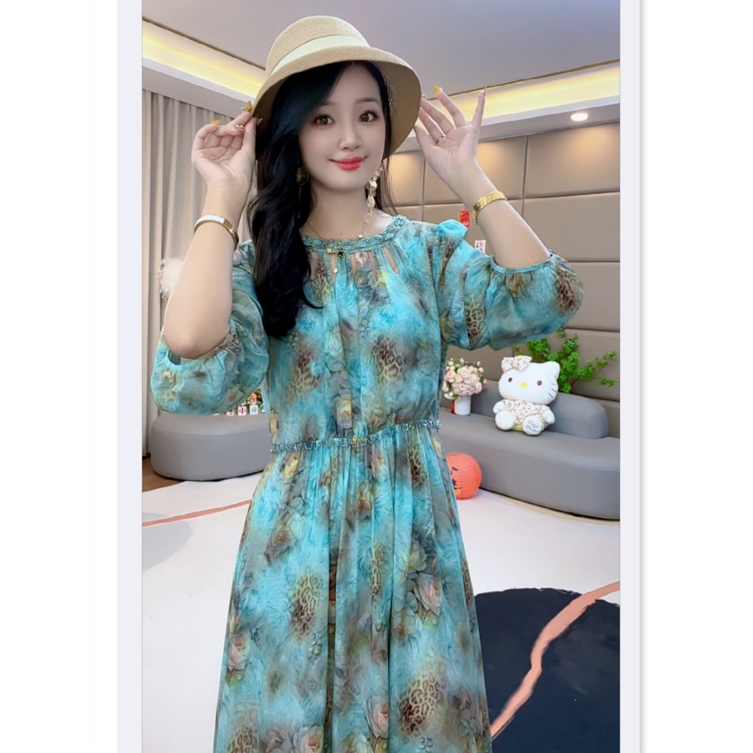 《暖暖推荐》“清澜”重工钉珠显瘦气质印花桑蚕丝连衣裙 80070