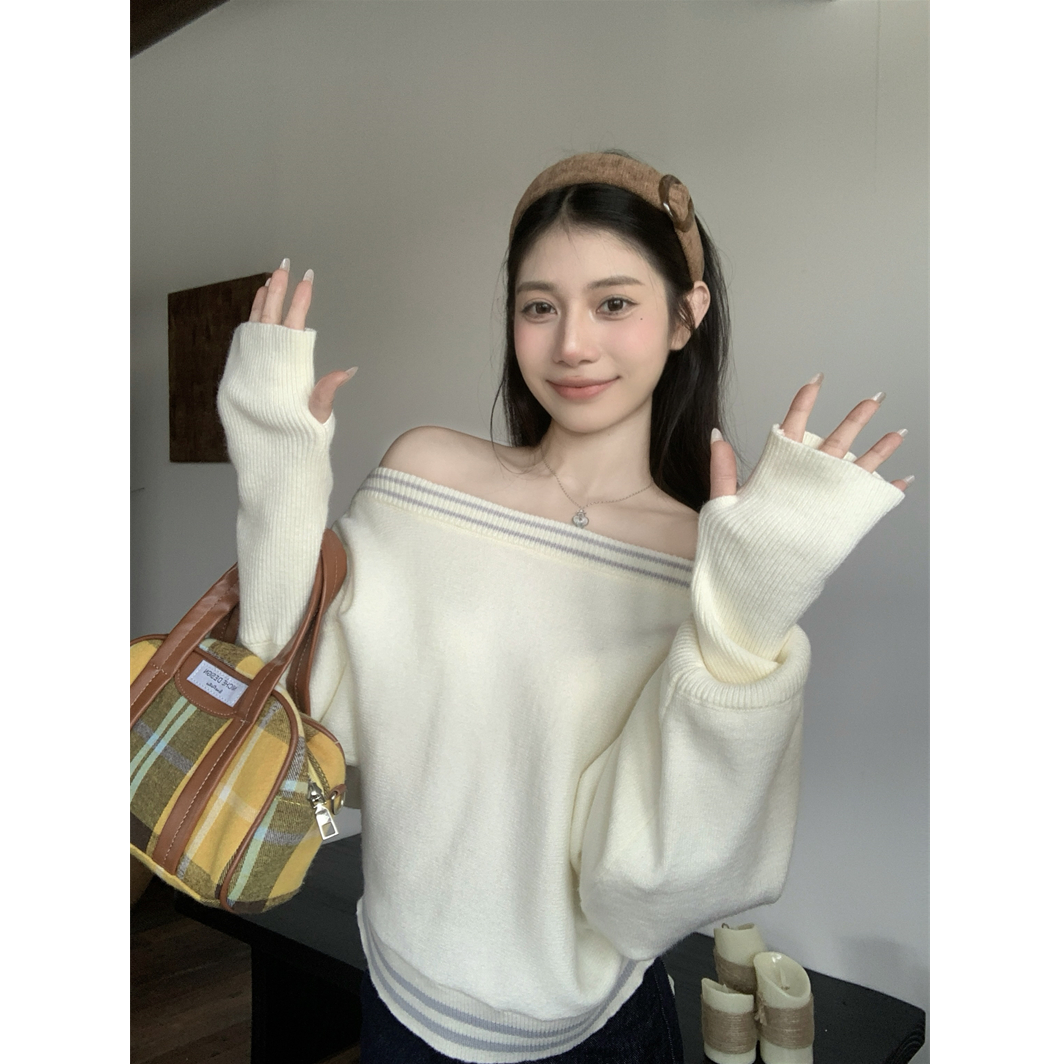 软糯一字肩毛衣宽松慵懒显瘦辣妹露肩套头针织衫