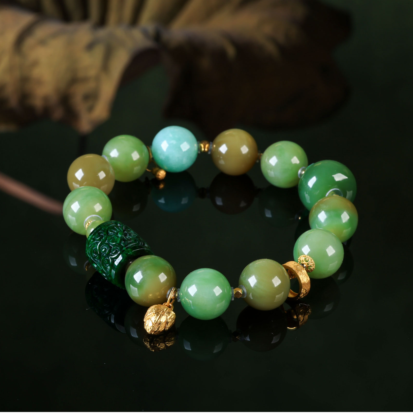 【意婵】《莲台秘境》（12mm）18k金新疆黑羊洞碧玉单圈缅A翡翠917178