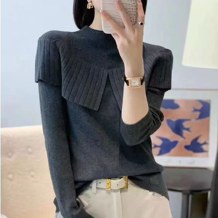 欧货时尚针织衫2025秋冬新款设计感荷叶边半高领百搭显瘦毛衣上衣