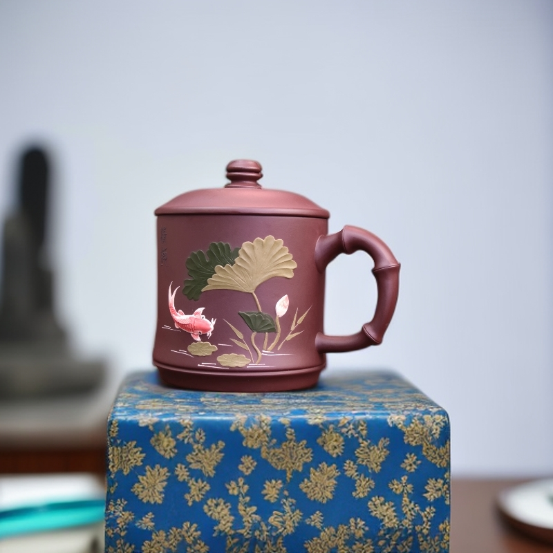 宜兴原矿紫砂泥绘荷塘鱼趣竹节杯办公家用高档紫砂杯500-550CC容