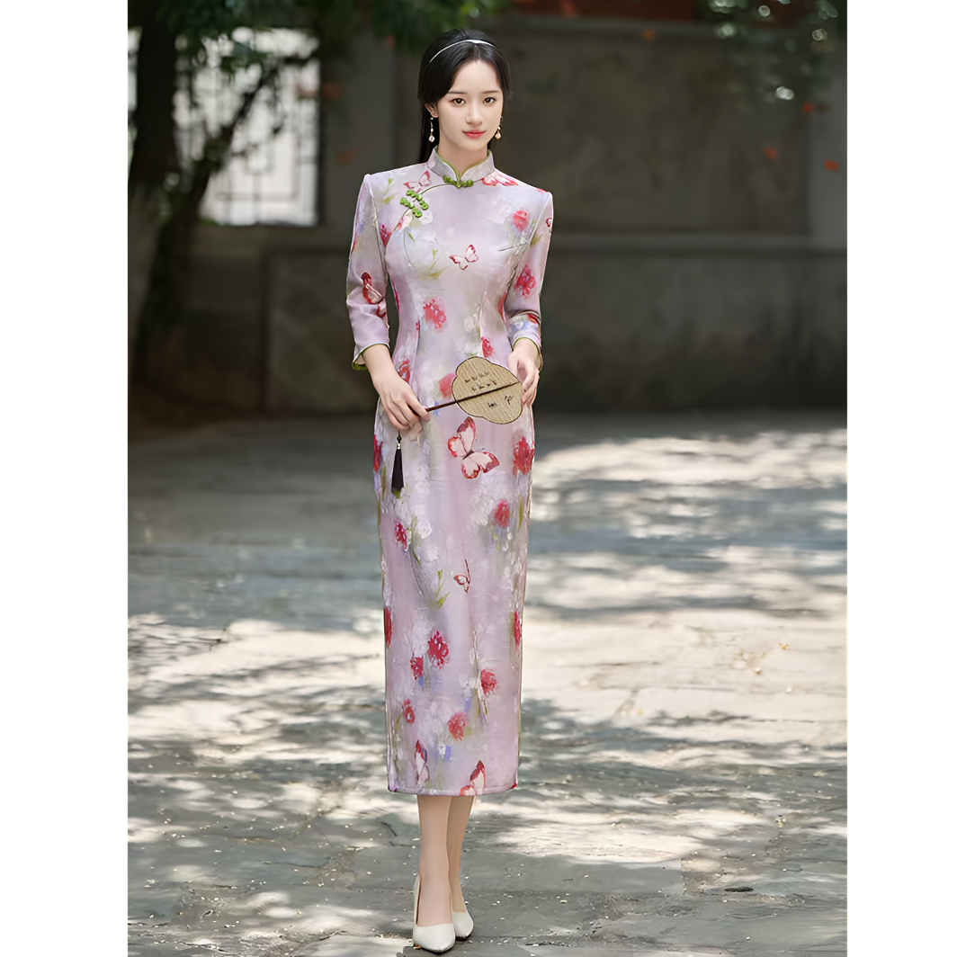 凤蝶 秋冬长袖高腰裙气质新中式碎花显瘦长旗袍女士提花显高修身