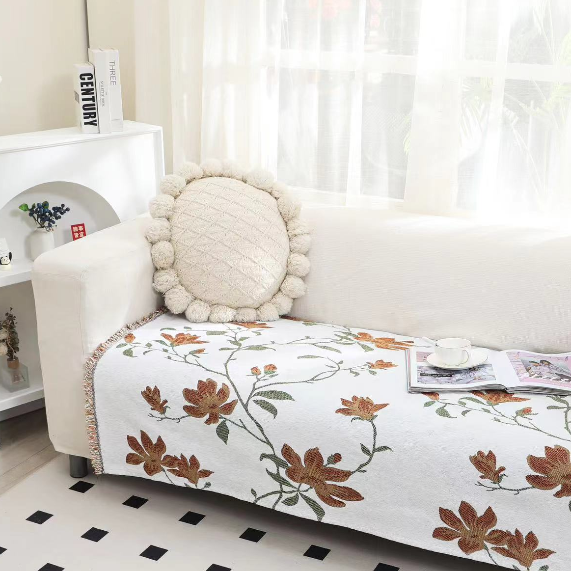 M【橘调玉兰】90*245CM高端雪尼尔汉麻沙发巾沙发垫亲肤透气可机洗