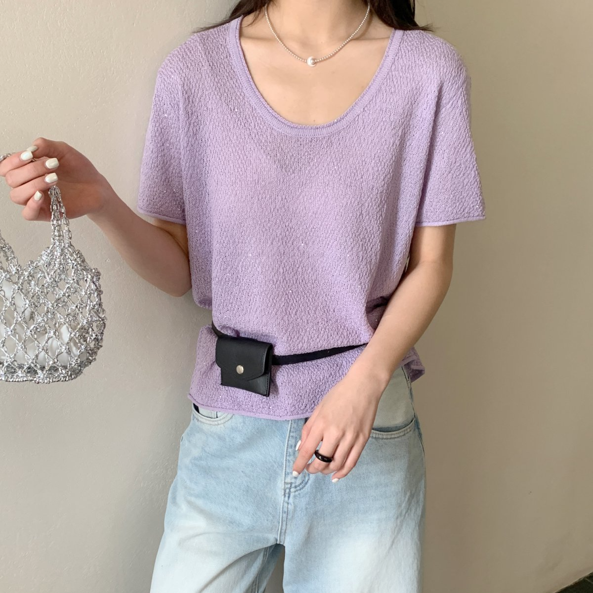 【素简.500113】春款上新亚麻珠片纱U领短袖女装针织衫（5.13福利）