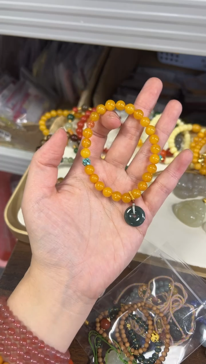 手链蜜蜡未镶嵌蜜蜡翡翠平安扣设计款手链[83]