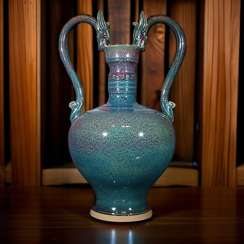 禹州神垕钧瓷花瓶李亚飞大师柴烧釉双龙瓶居家装饰送礼全手工摆件