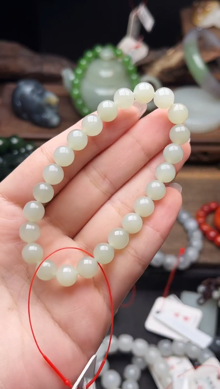 手串未镶嵌和田玉卡8且末青白 圆珠9012781