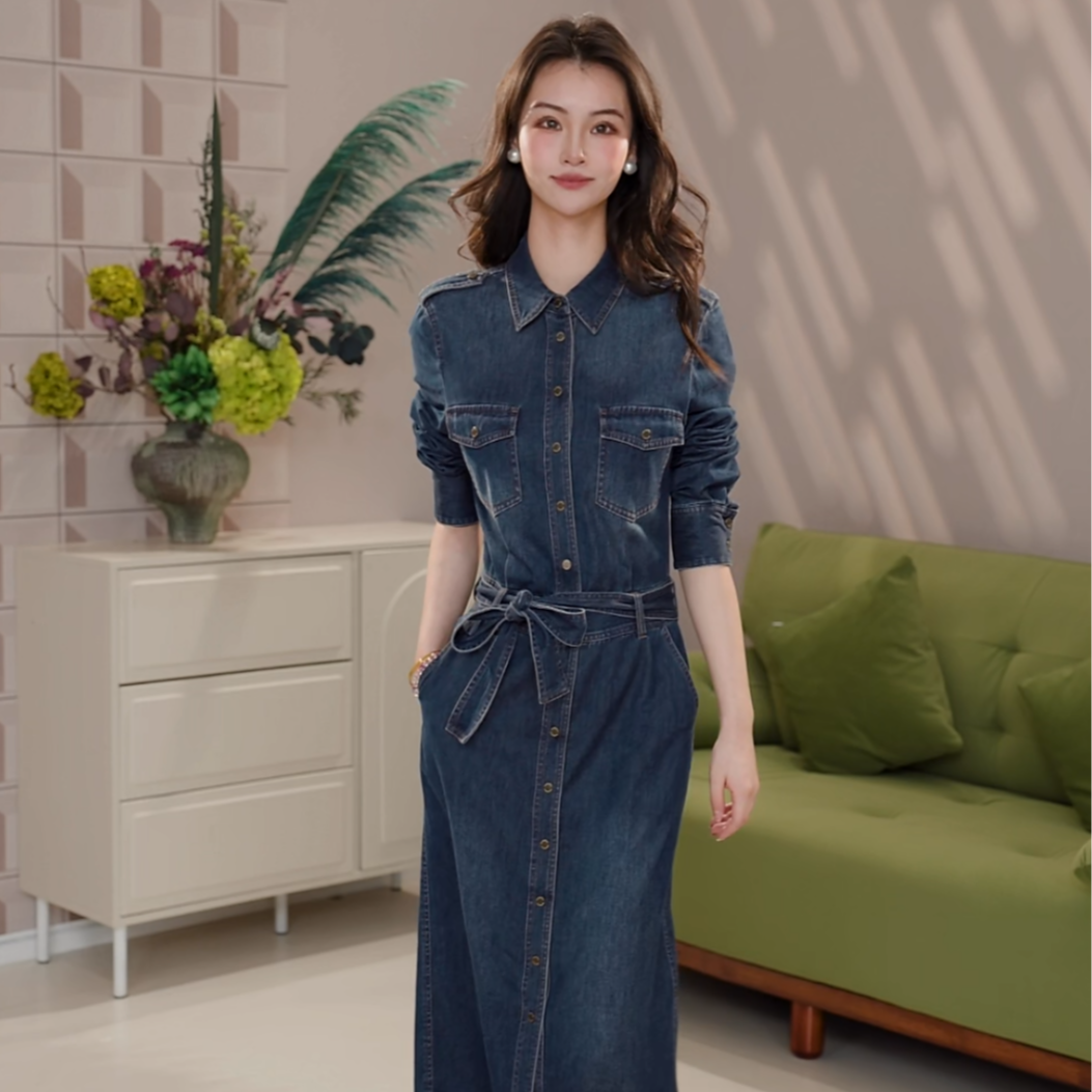 GIRDEAR/哥弟哥弟新款长袖翻领牛仔裙时尚气质经典【附腰带1500556