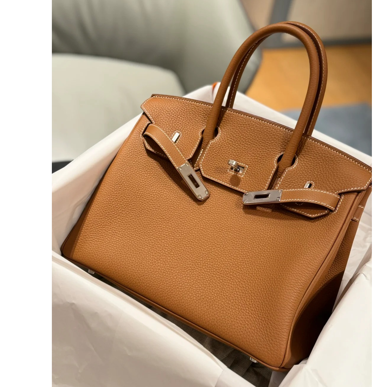 99新 Hermes/爱马仕 小花JerryBirkin 30 37金棕色 Y刻 银扣包
