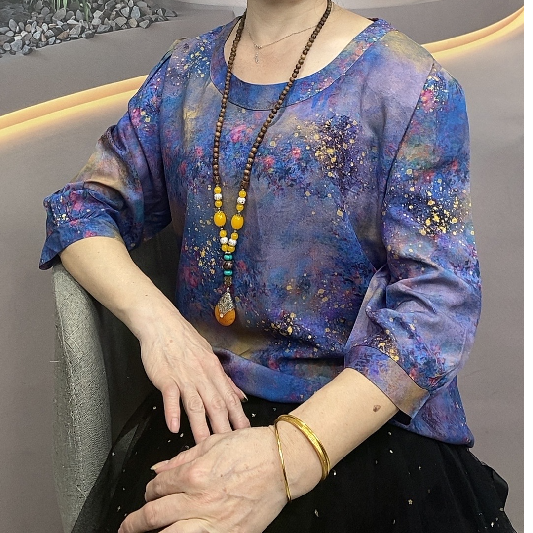 8888#单件5D数码印花棉绸时尚小衫七分袖