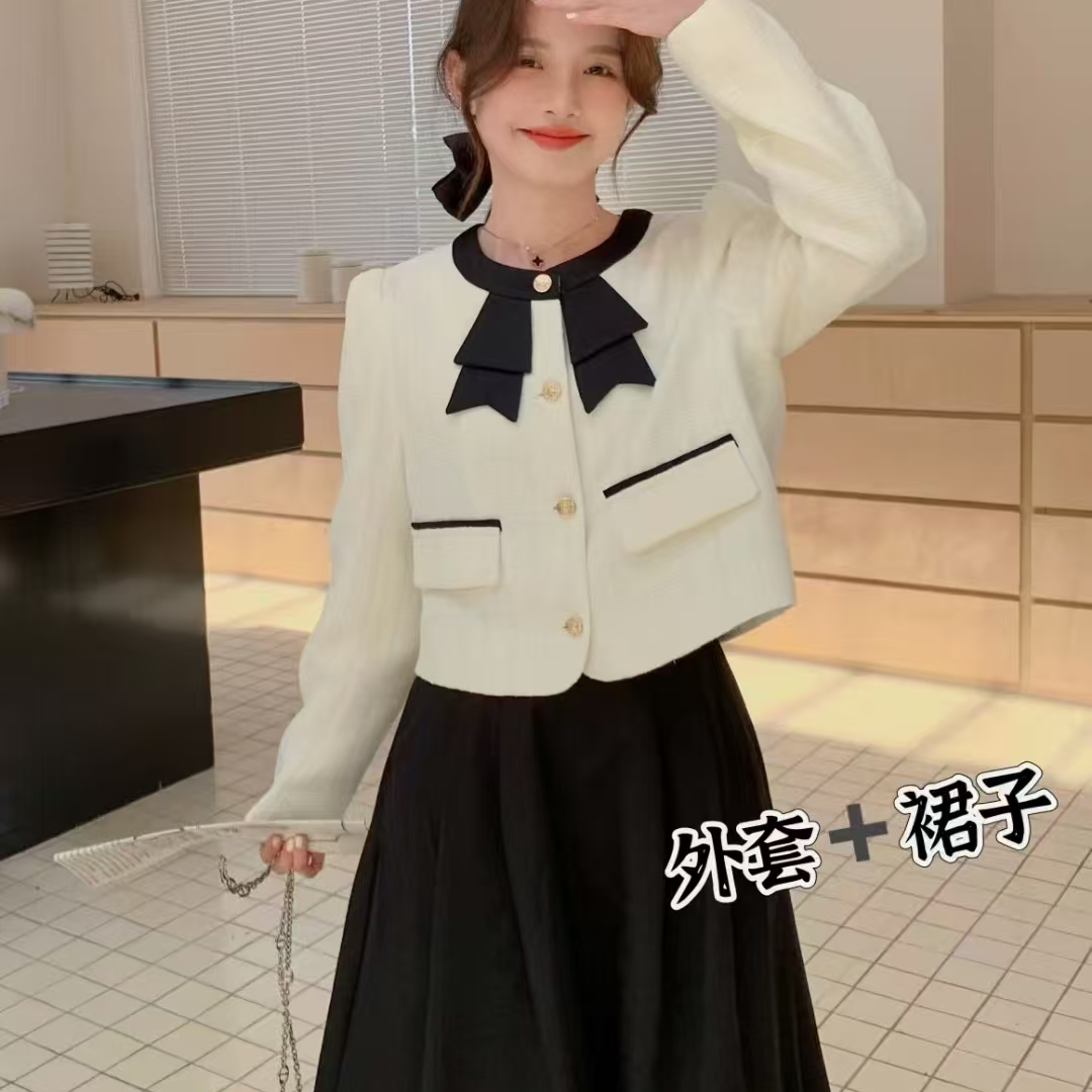 林涵大码女装小香风针织开衫毛衣女立体蝴蝶结撞色衣边针织衫