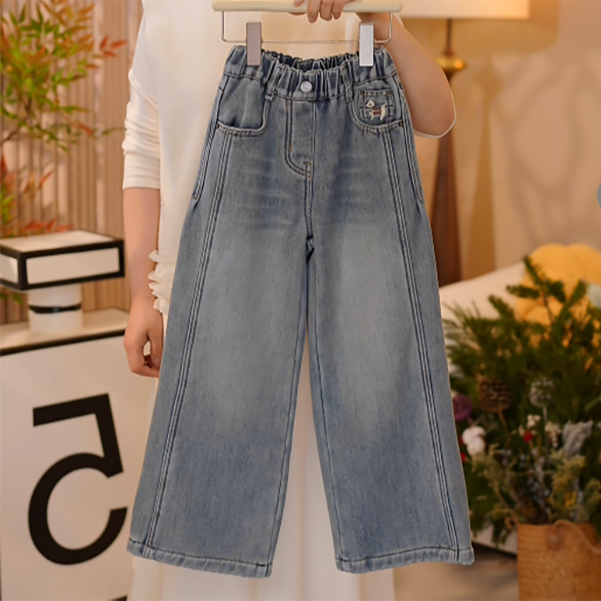 【米小洛】2025冬季新款女童加厚高腰弹力百搭直筒宽松阔腿牛仔裤