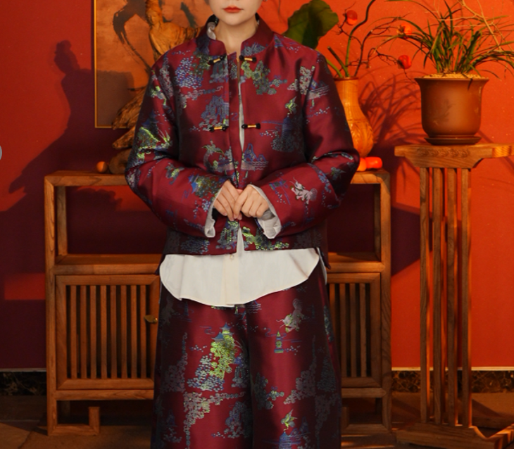 短款厚款宽松型宽松长袖棉服棉衣加绒民族风提花