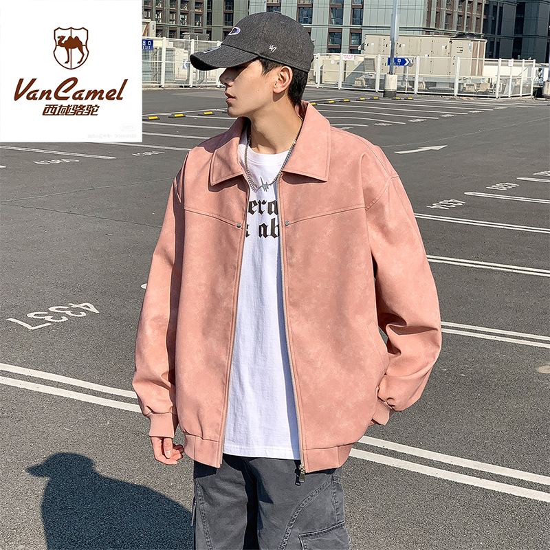 西域骆驼春节PU皮夹克高质感美式街头复古撞钉休闲加厚短款皮夹克