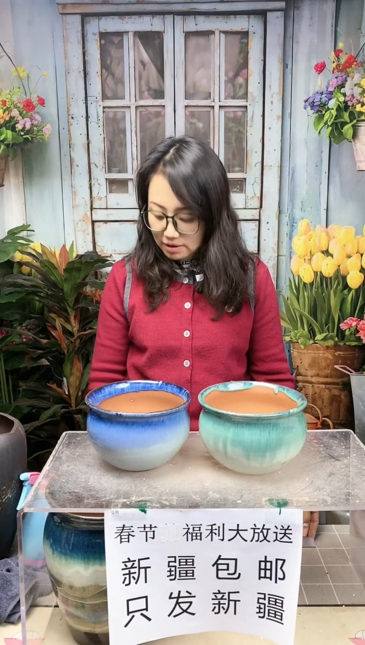 【闪购商品】红陶蓝绿圆口陶盆两个装