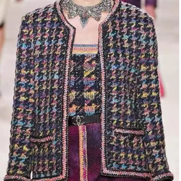 99新 Chanel/香奈儿 20A康鹏幻彩拼色千鸟格圆领编织外套 36码