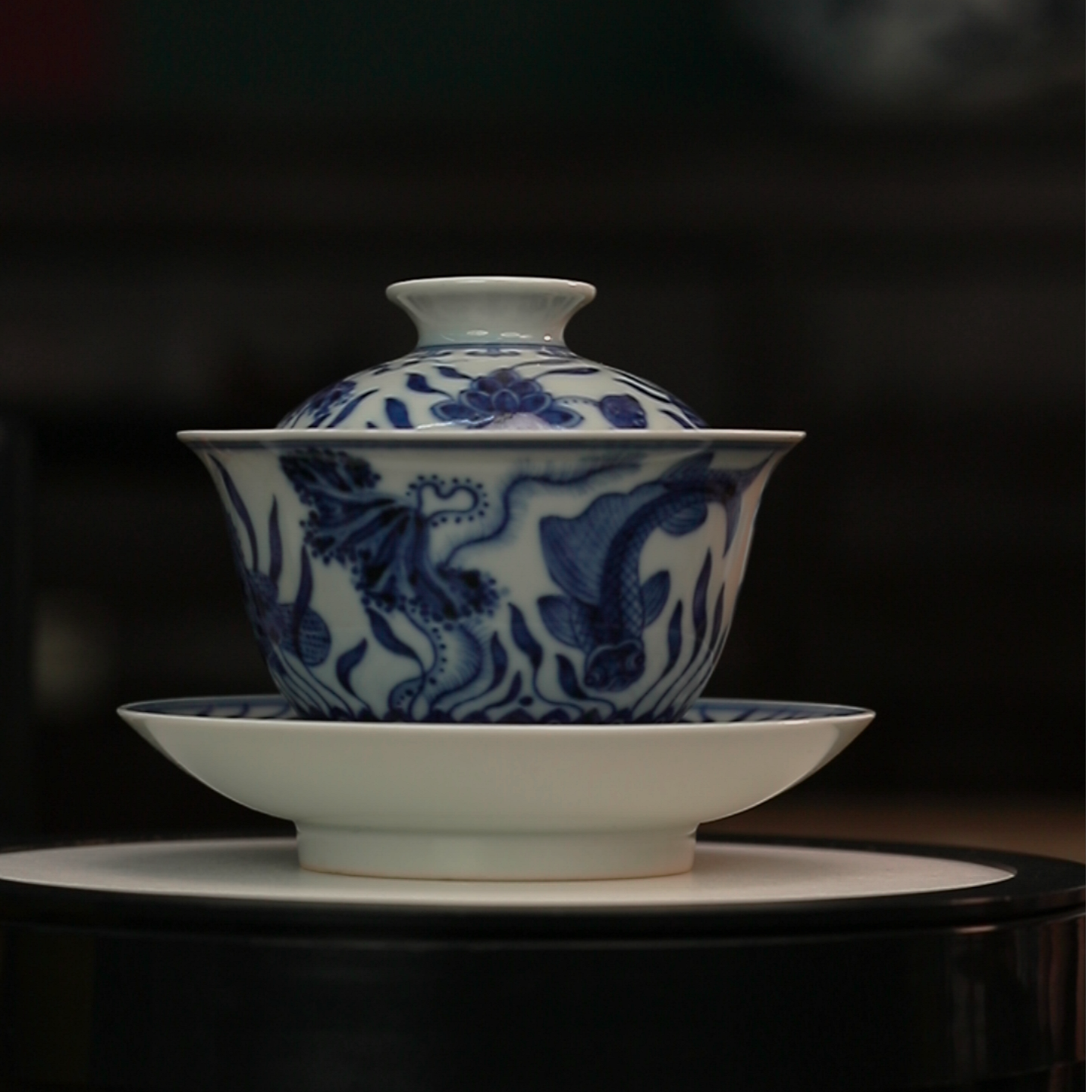 12.10/N00096/骆深窑/青花柴窑鱼藻纹盖碗