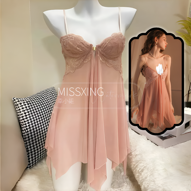MISSXING 性感蕾丝诱惑睡衣钢托聚拢家居服内衣开衩火辣薄透系扣