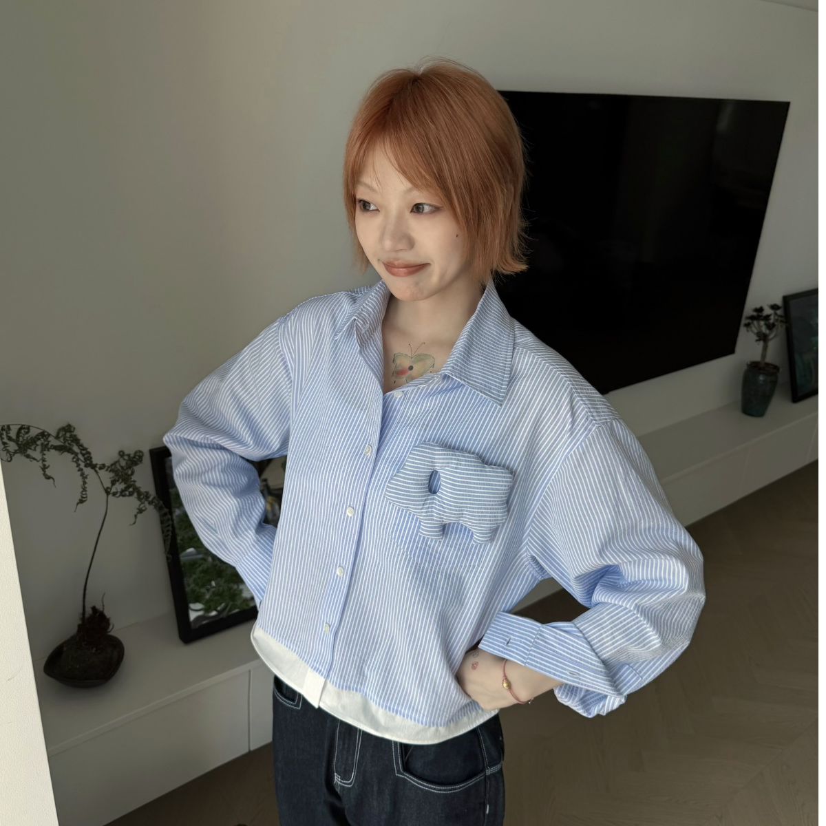 Y2NG立体充棉小羊可拆卸挂饰宽松落肩短款条纹长袖衬衫