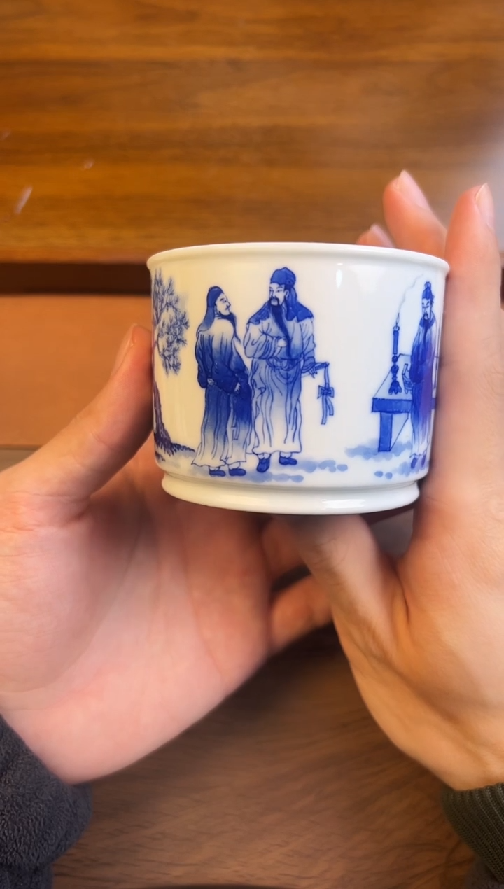 问青坊纯手工手绘青花人物桃园三结义柴窑直口杯