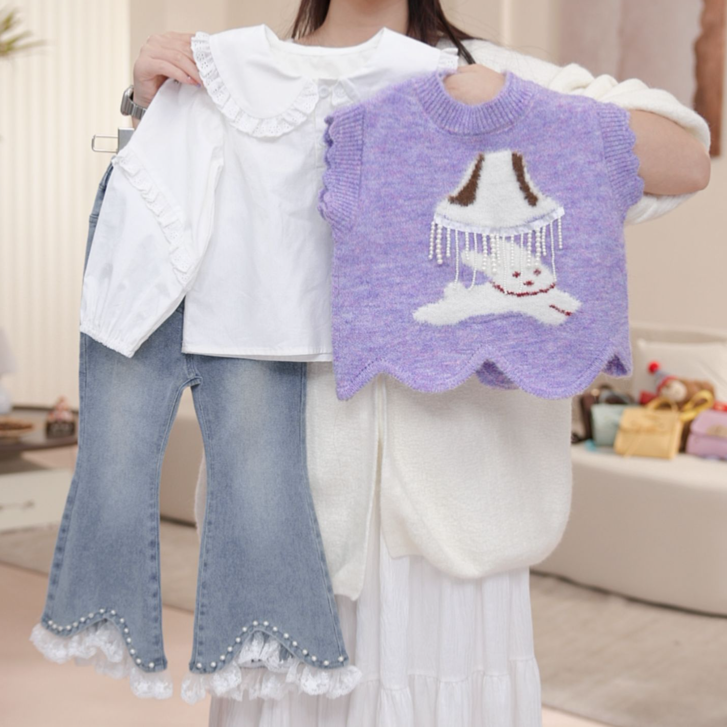 【兔子】女童秋季欧若风套头少女风春秋套装女孩马甲三件套QD50131