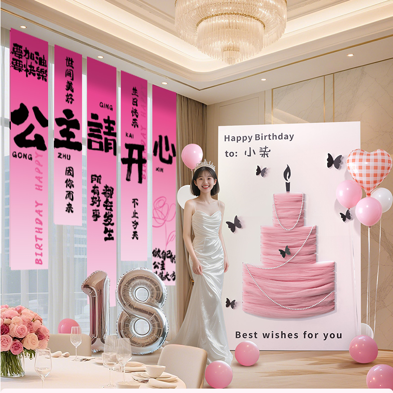 迎宾牌生日场景布置网纱蛋糕kt板diy装饰女成人礼氛围拍照背景墙
