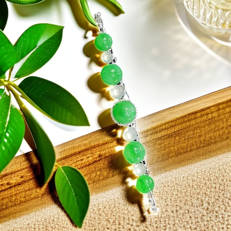 18K天然A货翡翠九珠手链周长19厘米大蛋面裸石蛋面：8.8mm8mm6.6mm