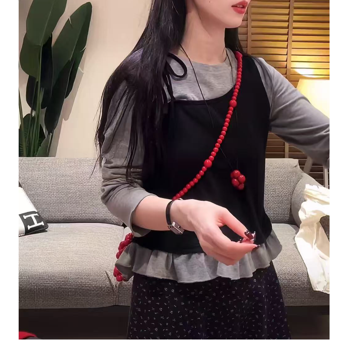 D826韩系小众设计减龄假两件长袖T恤女新款百搭休闲气质上衣