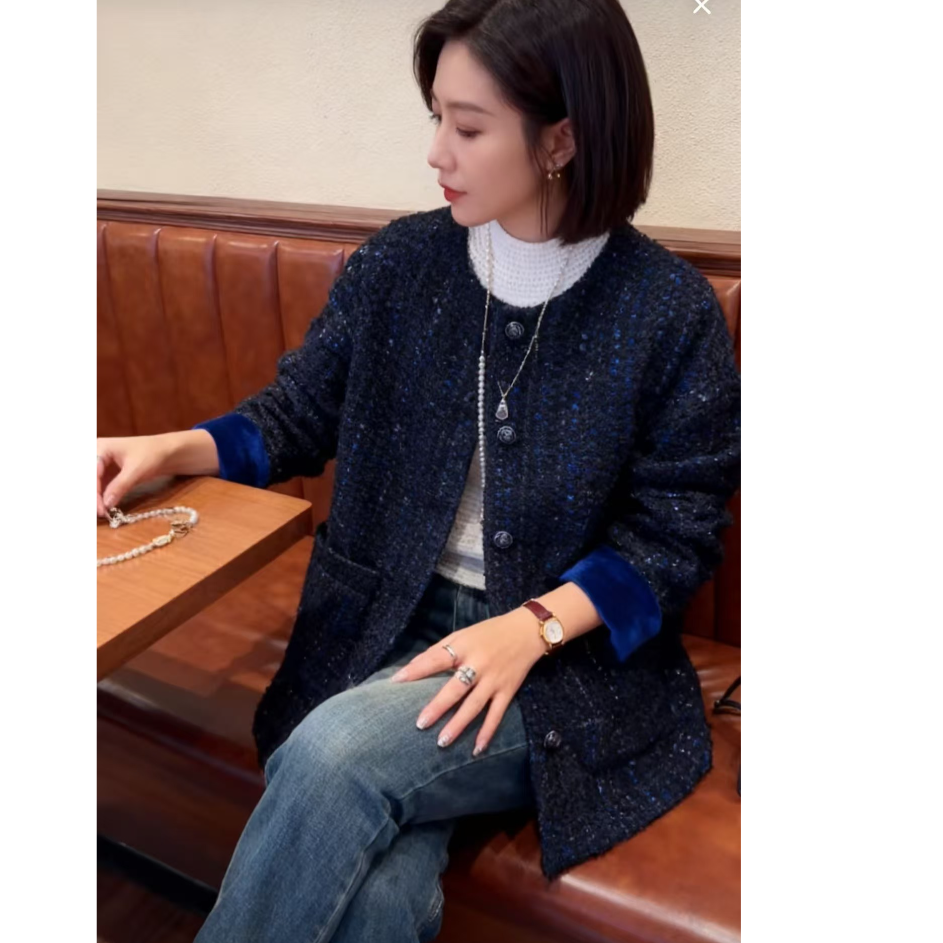 山.尔【蓝韵】香奈小香风编织保暖羽绒服