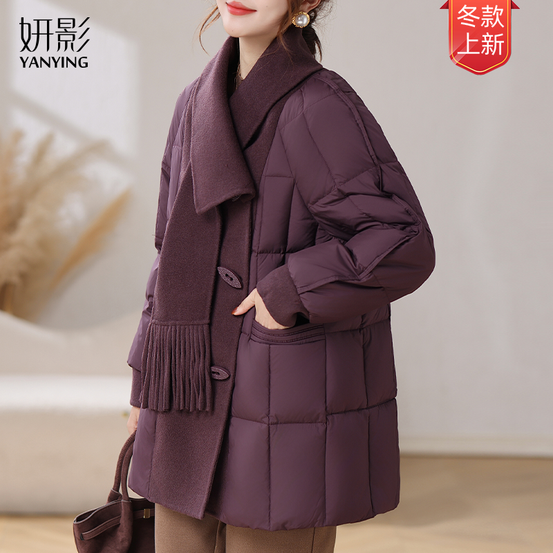 妍影秋冬季时尚围巾领大口袋90白鸭绒保暖羽绒服气质百搭妈妈装