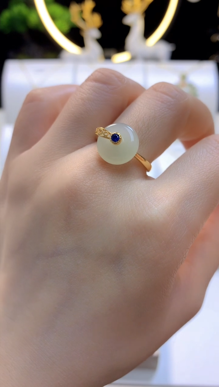 【闪购商品】和田玉戒指银S925镀金镶嵌时来运转戒指