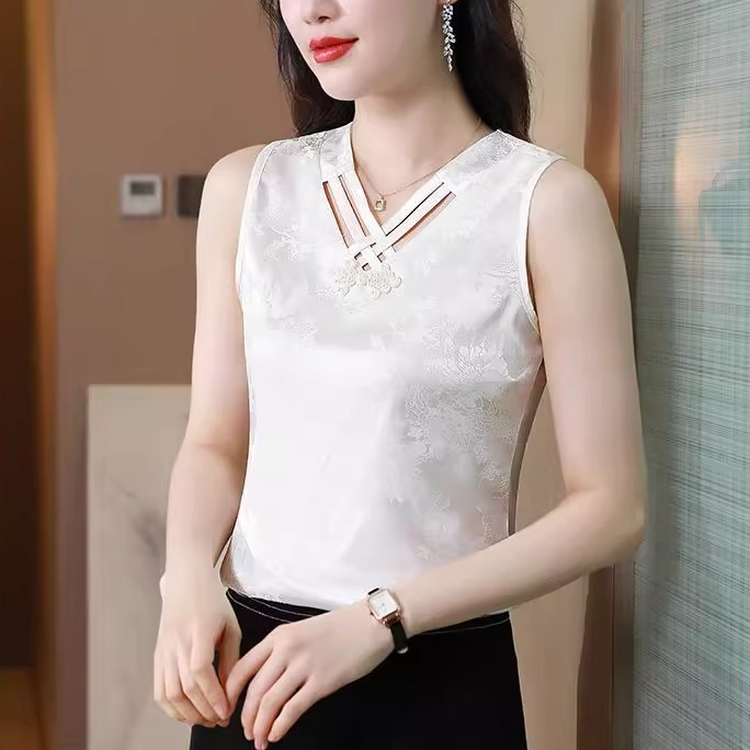 新中式国风缎面吊带背心女外穿夏显瘦缎面提花打底衫v领内搭上衣
