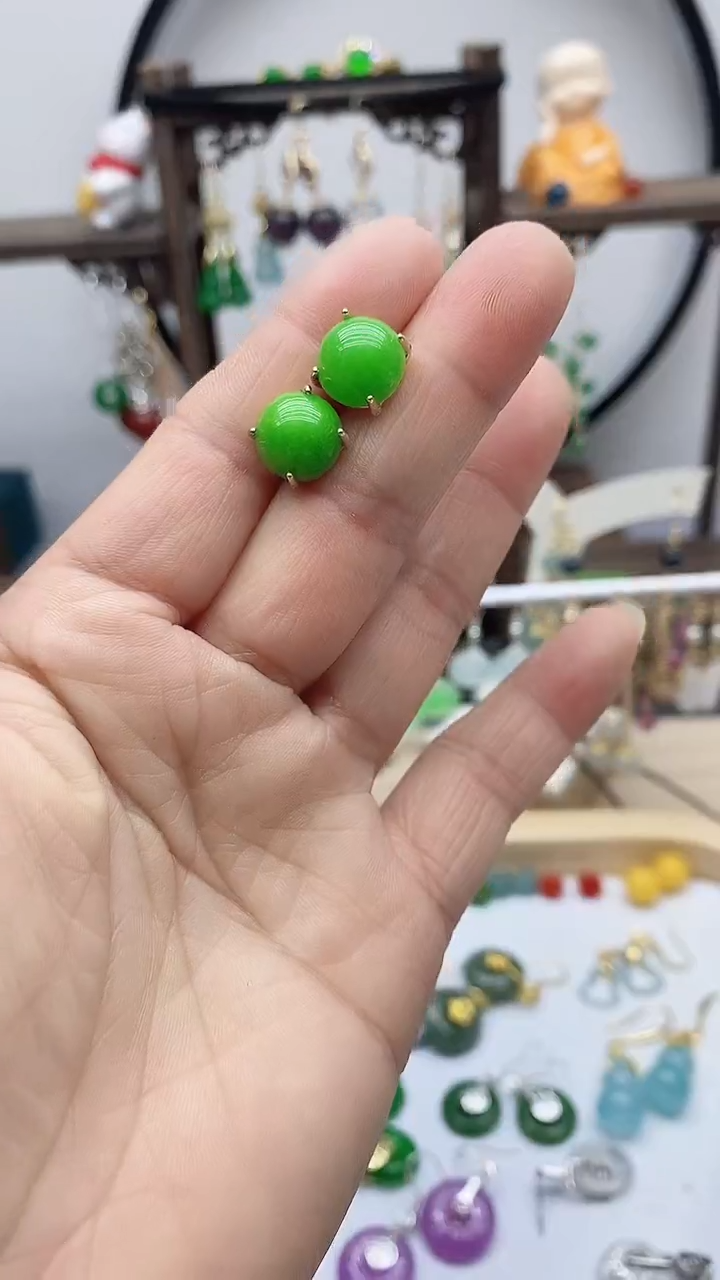 14K金镶嵌石英质玉（天山翠）耳饰48