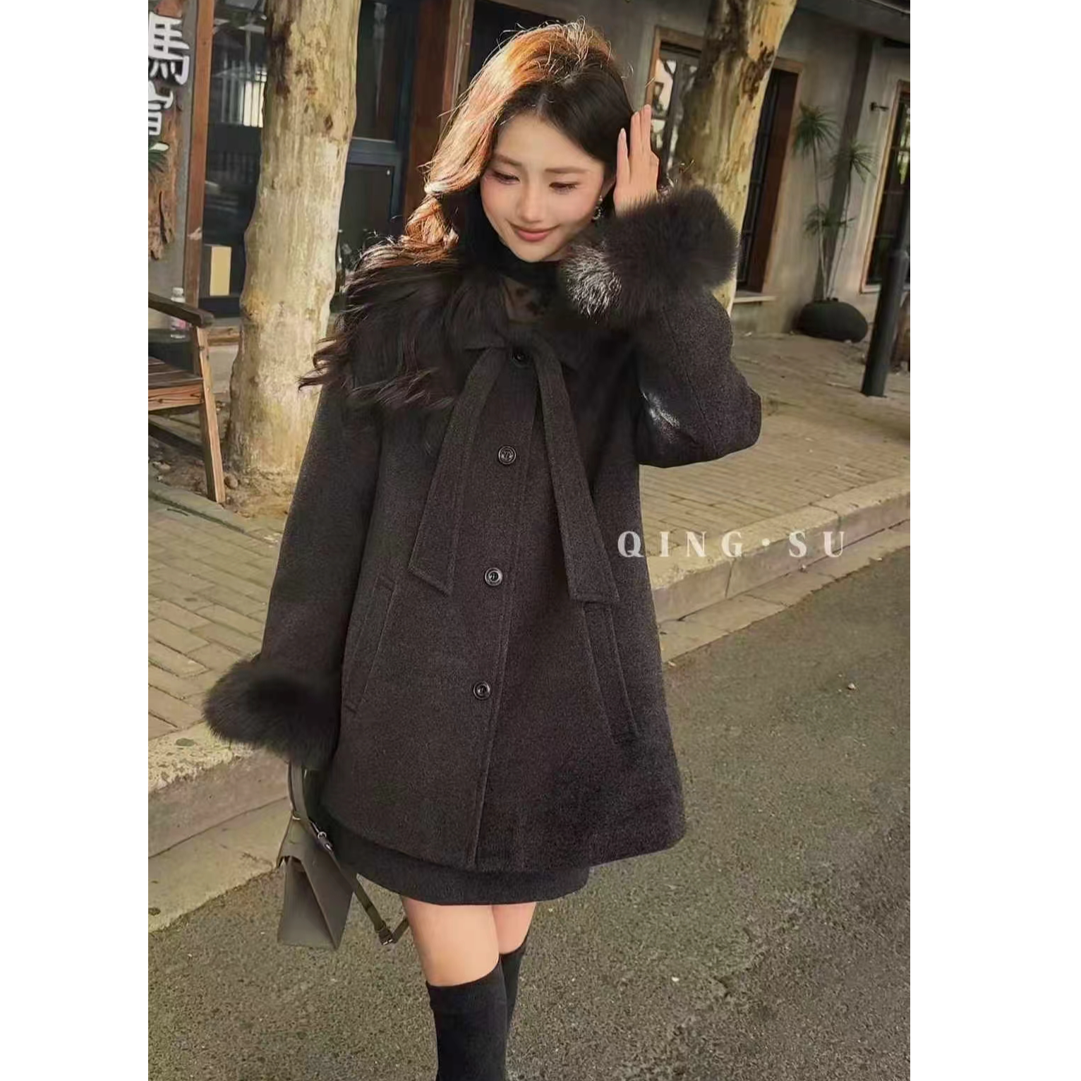 【25188】法式冬款蝴蝶结宽松中长款毛呢大衣外套女