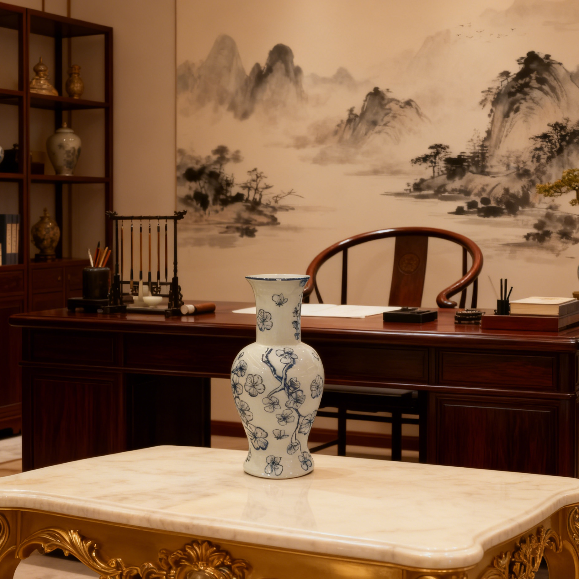 精选A级手工陶瓷花瓶青花手绘梅花高温釉下彩新中式家居美学摆件