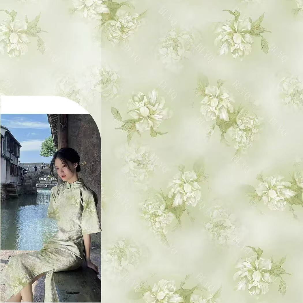 【淡绿昙花】100真丝香云纱 140宽幅