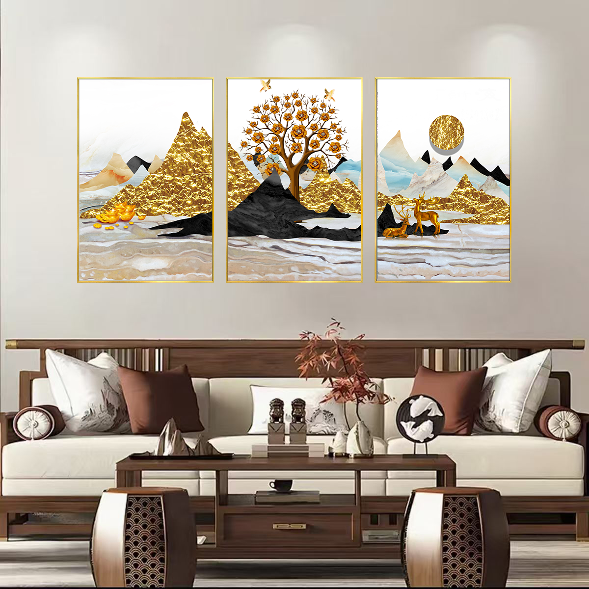 新中式抽象金色山脉麋鹿发财树晶瓷客厅卧室背景墙挂画装饰画c080