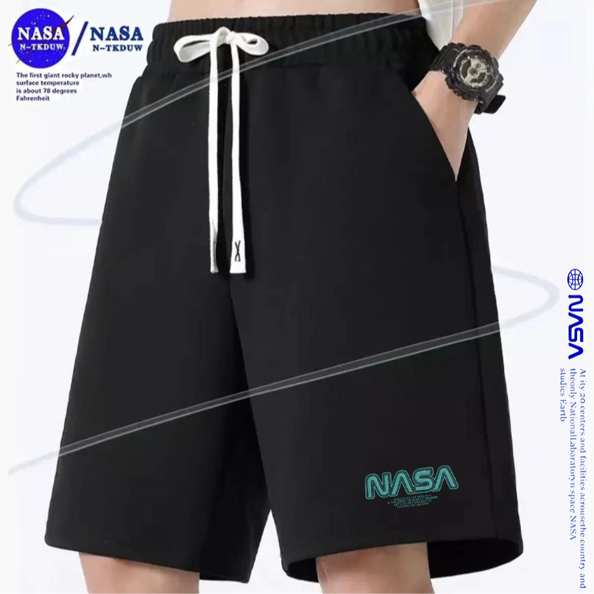 潮牌联名款短裤华夫格透气舒适夏季休闲五分裤【小绿字母NASA】A-05