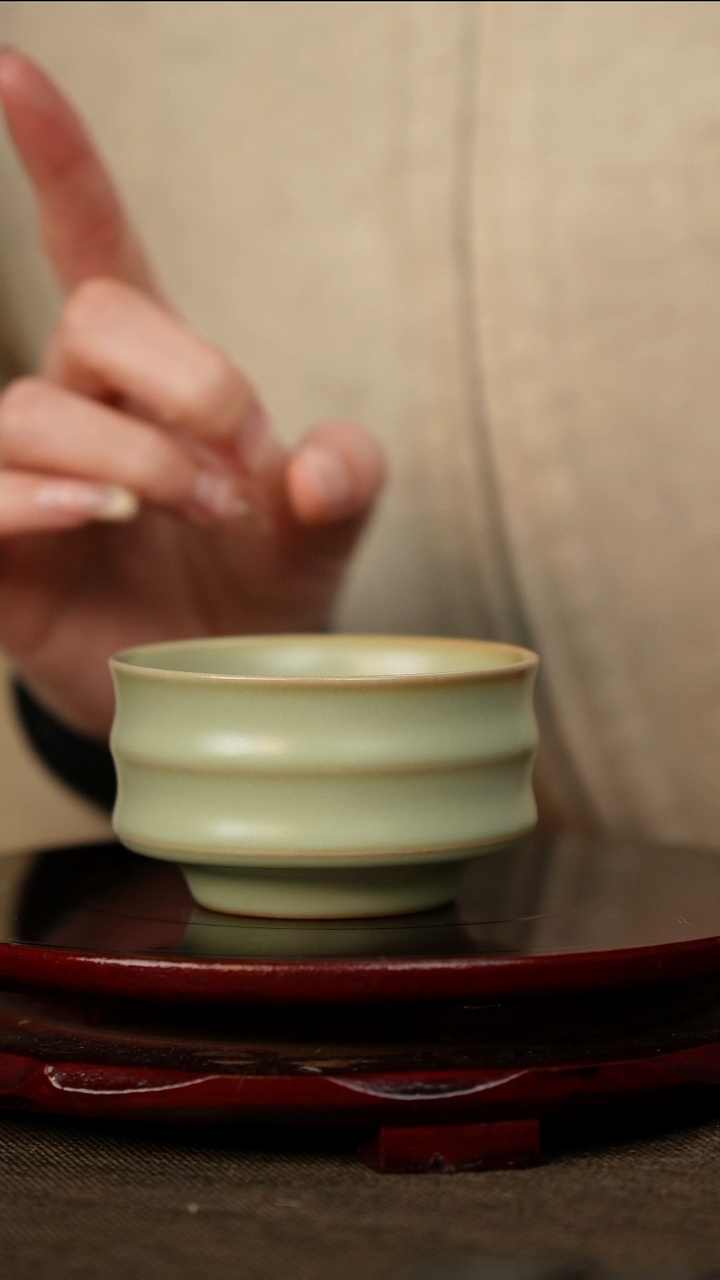全品 粉青 竹节杯 