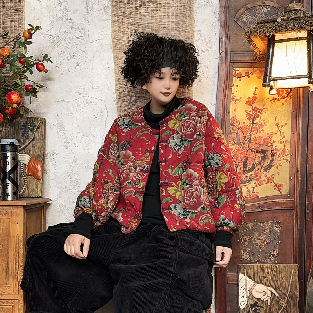 2591款冬季宽松复古炒色做旧东北大花盘扣棉服【衣长56胸围135】