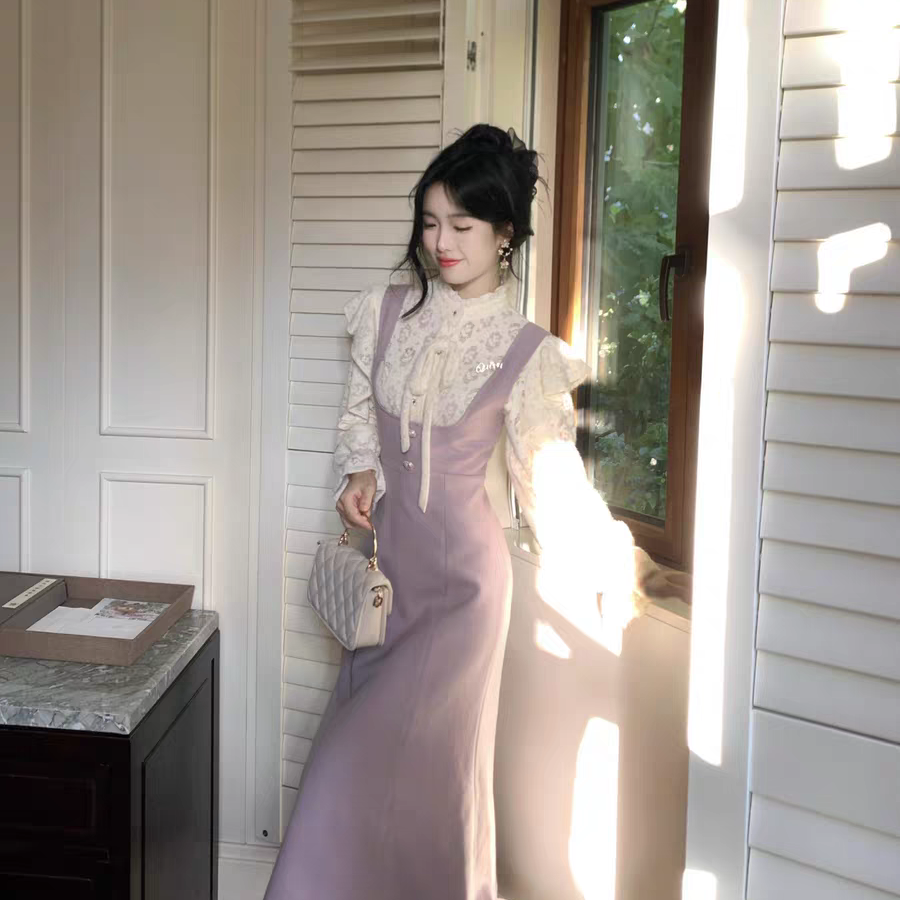 法式复古蕾丝拼接荷叶边假两件连衣裙胖mm显瘦遮肚温柔气质2018