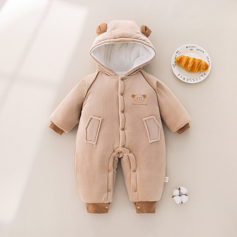300g小熊印花连帽婴幼儿连身衣冬季保暖宝宝哈衣无骨加厚夹棉