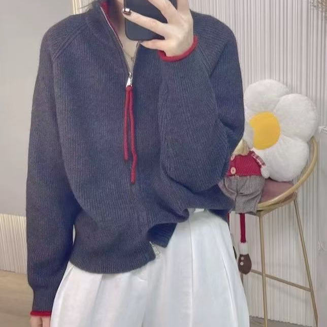 【专属】运费补贴~深灰色双拉链拼接立领毛衣针织衫开衫显瘦外套
