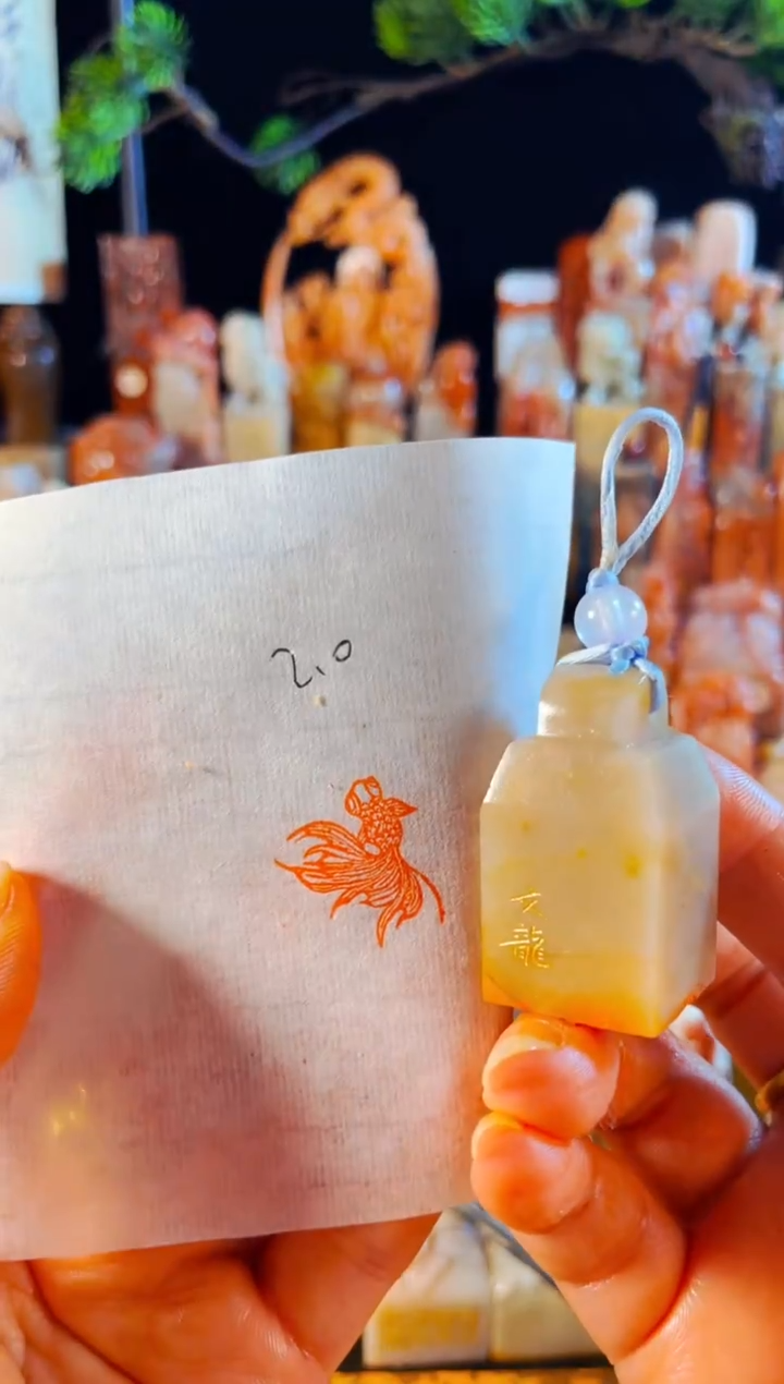 老挝石印石手工篆刻《金鱼》